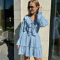 V-Neck Pleated Ruffle Dress: Long Sleeve, Flared Short Dress