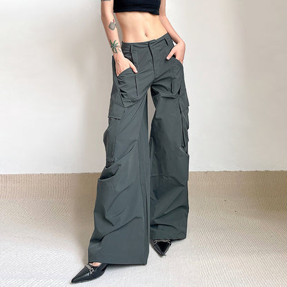 Irregular Pocket Design Crinkled Wide-Leg Casual Mopping Pants