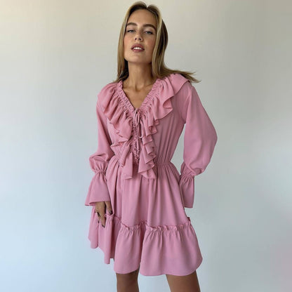 V-Neck Pleated Ruffle Dress: Long Sleeve, Flared Short Dress