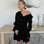 V-Neck Pleated Ruffle Dress: Long Sleeve, Flared Short Dress