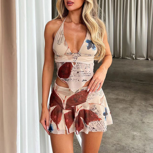 Women's 2Pcs Summer Sexy V-Neck Halter Top & Pleated Short Skirt Set - Printed Dress Suit