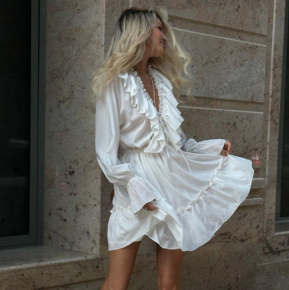 V-Neck Pleated Ruffle Dress: Long Sleeve, Flared Short Dress