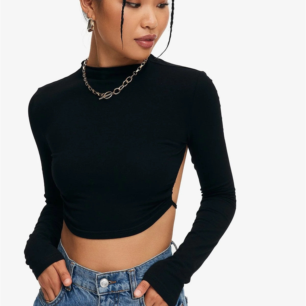 Women's Long Sleeve Backless Crop Top