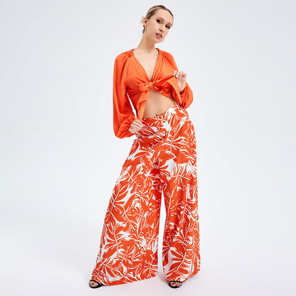 Women's Elegant Printed Pants and V-Neck Long Sleeve Two-Piece Suit