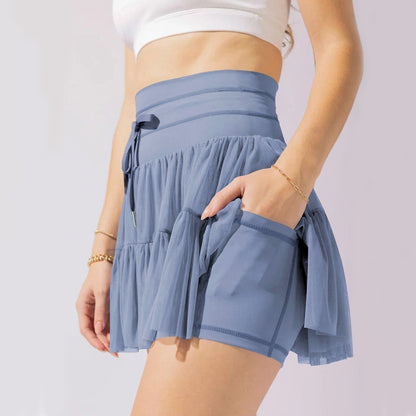 High Waist Lace-Up Sports Skirt with Shorts